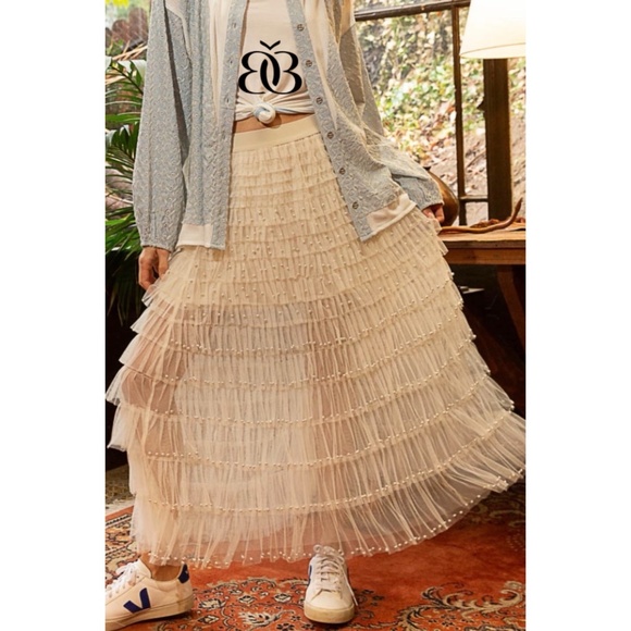 POL Cream Pearl Beaded Ruffle Tiered Tulle Maxi Skirt - Picture 1 of 11